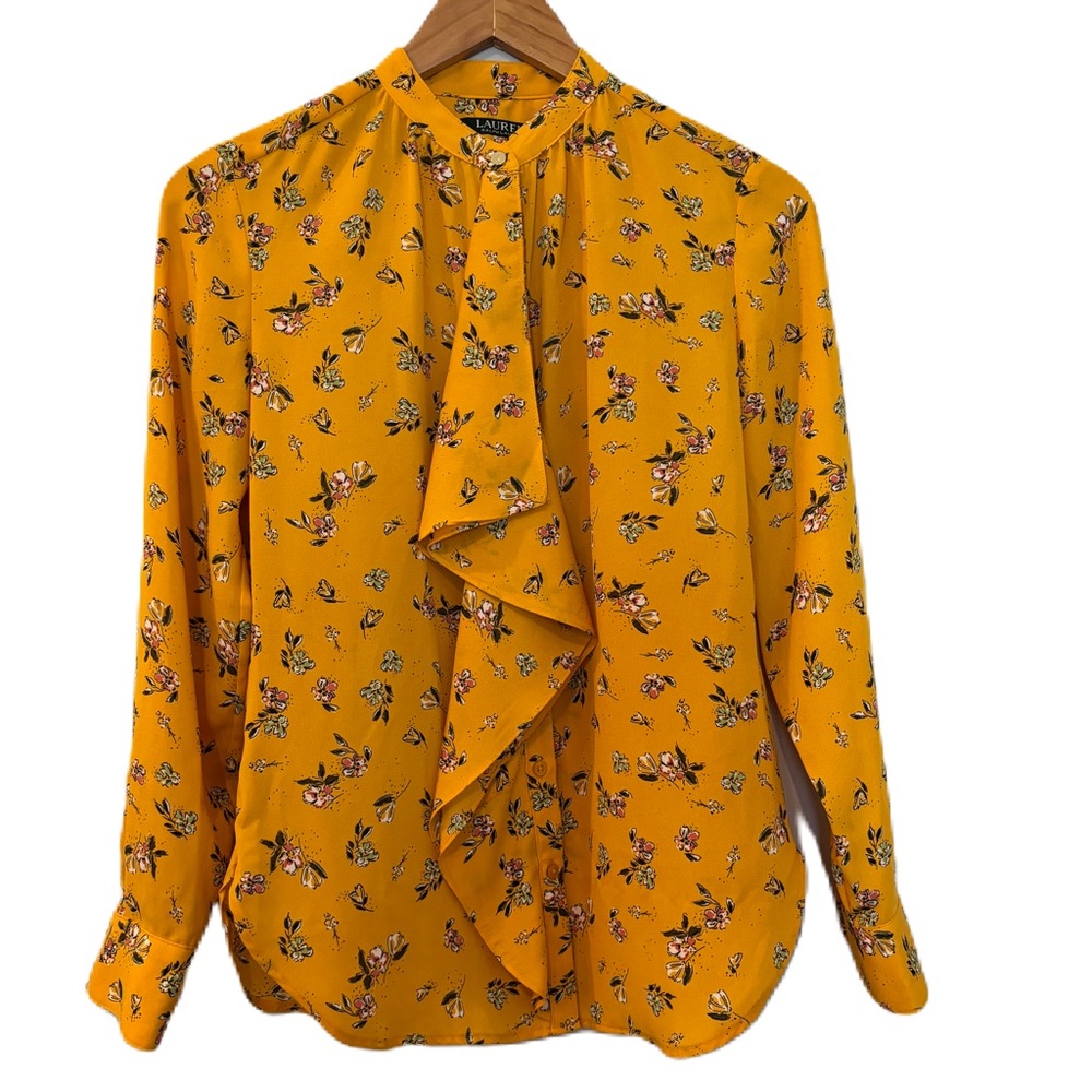 Lauren Ralph Lauren Gold Floral Georgette Button Down Size XS